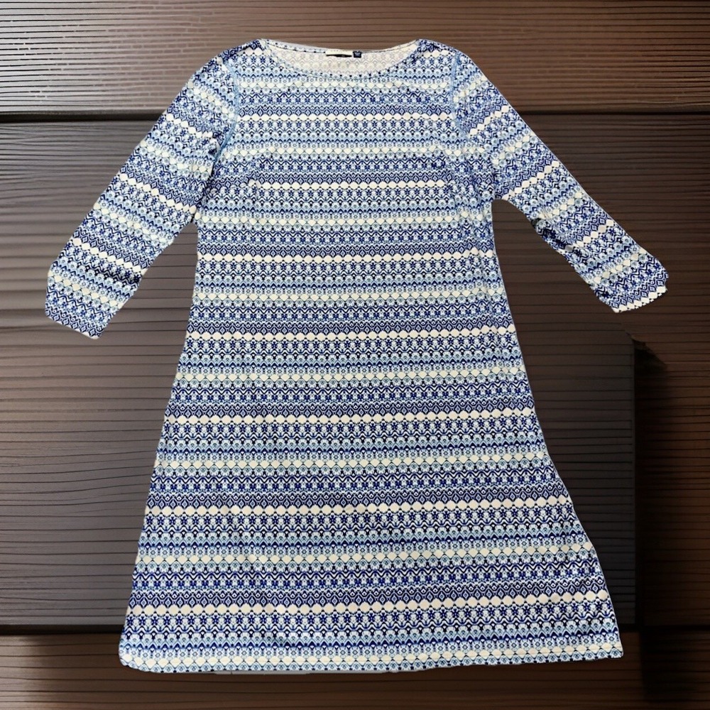 CABANA LIFE Dress Blue Size M Shift Long Sleeves Geometric Wrinkle Resistant‎